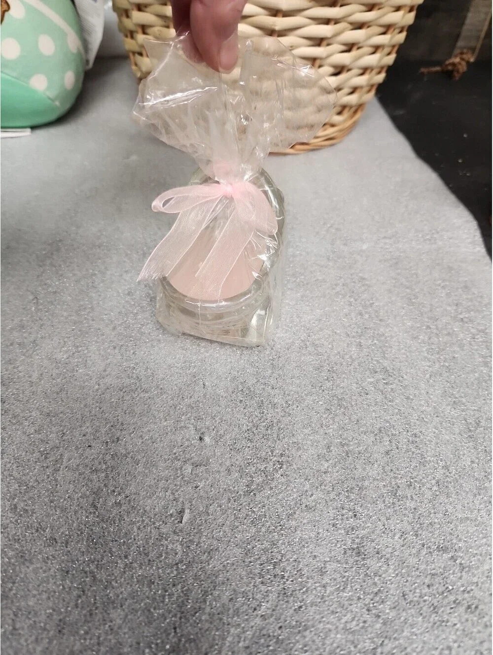 Vintage Glass Baby Cradle Candle Holder With Pink Candle And Bowl